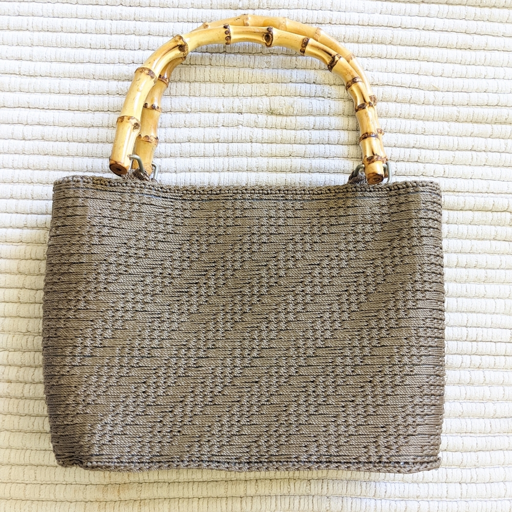 Small Woven Zipped Handbag W/ Bamboo Handles